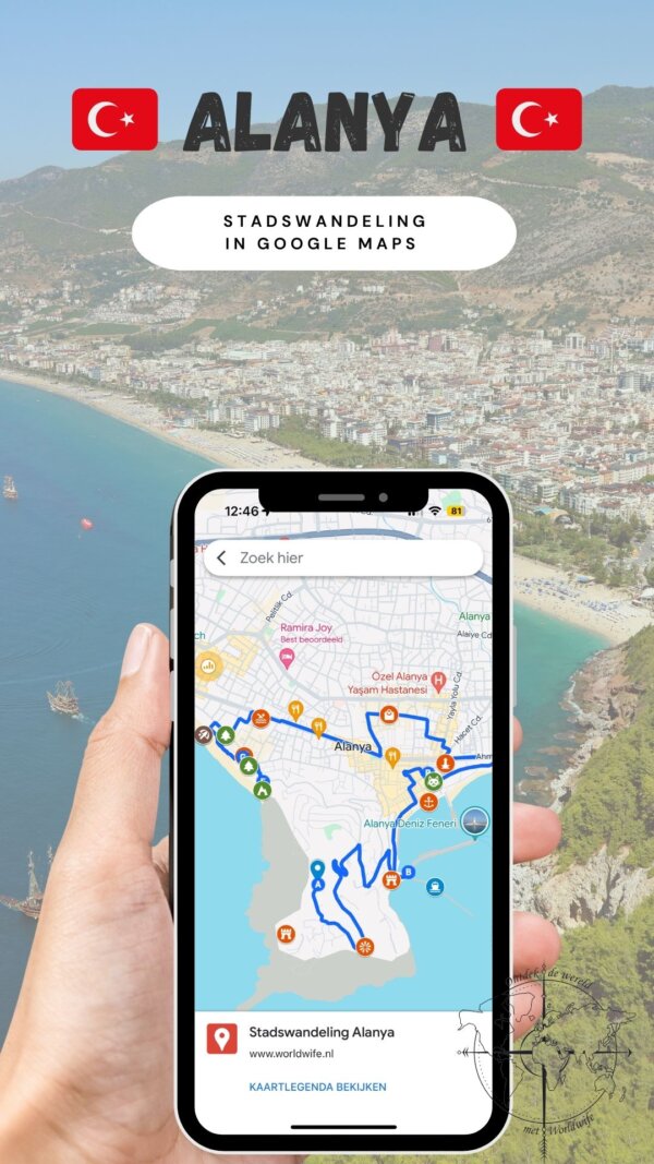 Stadswandeling langs de bezienswaardigheden van Alanya in Google Maps.