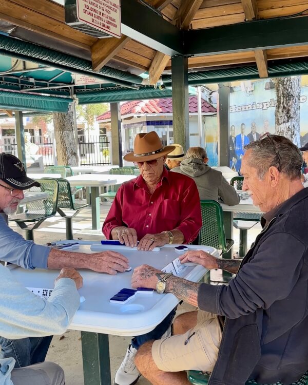 Domino spelende Cubaanse mannen in Domino Park, Little Havana Miami.